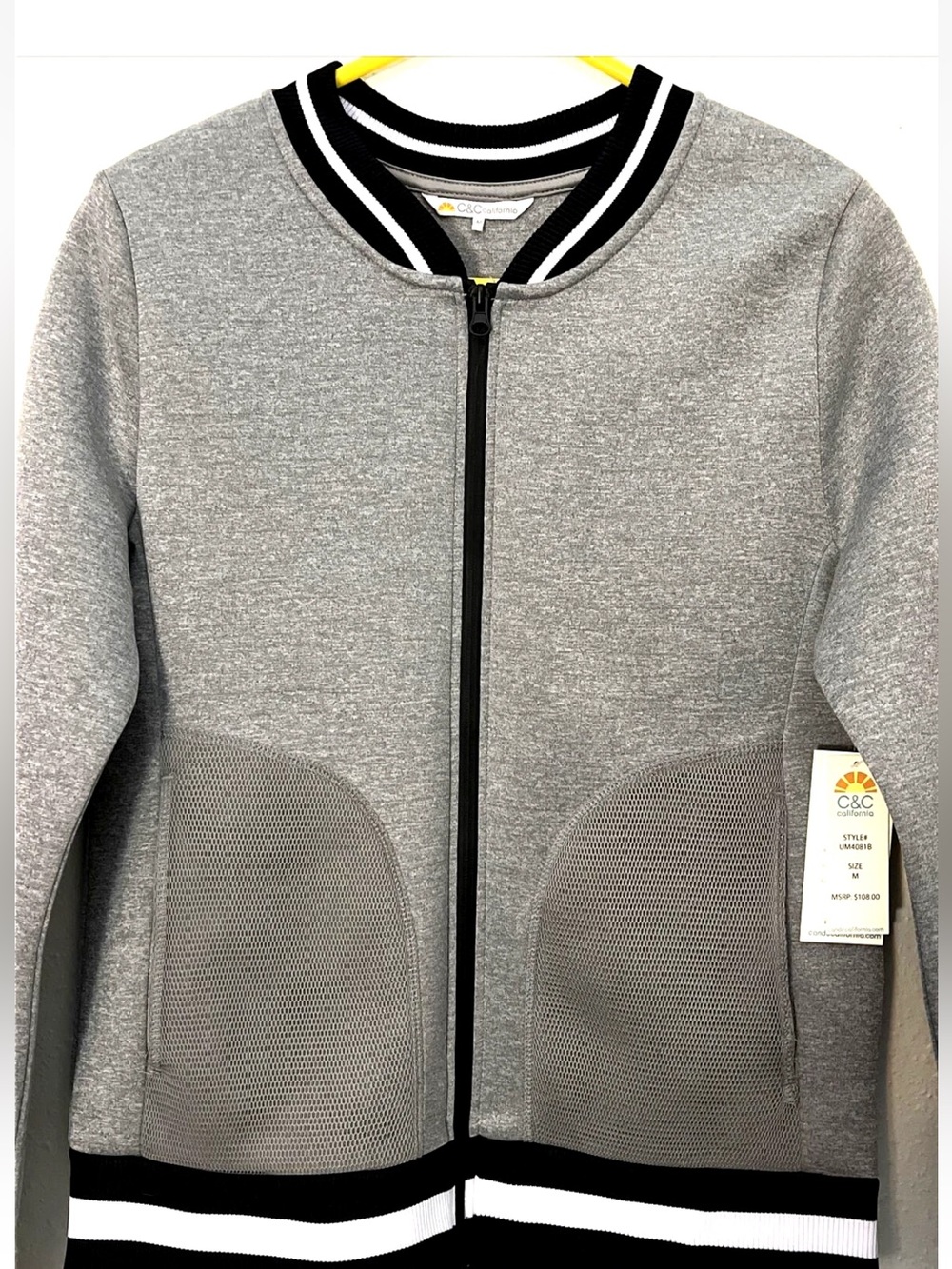 C&C California Girls' Heather Gray Zip Bomber with Striped Trim